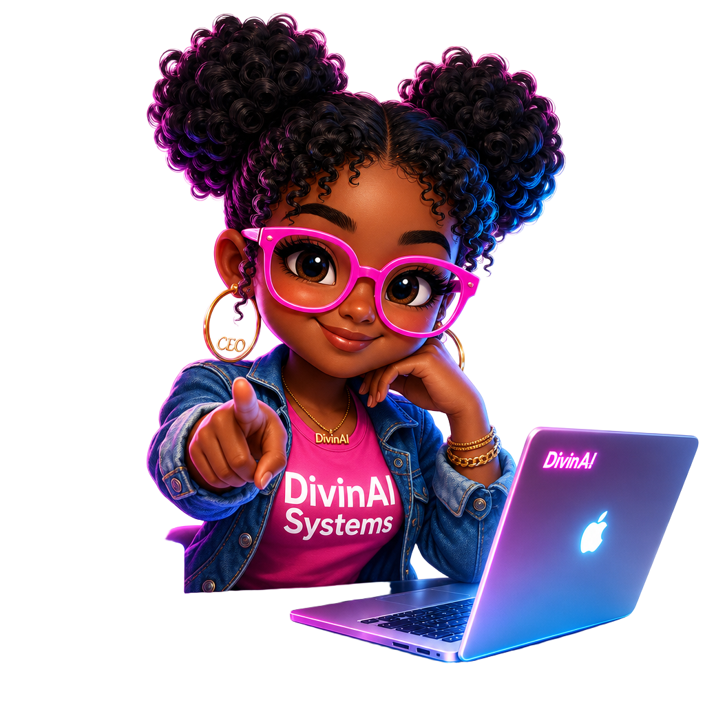 DivinAI Systems chibi educator pointing forward with a glowing laptop